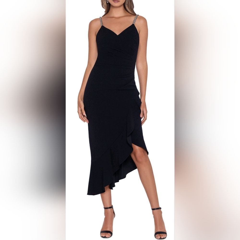 XSCAPE Rhinestone Strap Asymmetrical Evening Midi Dress NWT Size 14 Black